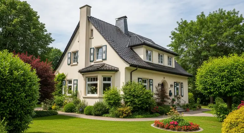 Aerial drone view of typical German residential neighborhood with mixed roof types, red and dark roof tiles, gardens visible, sunny day