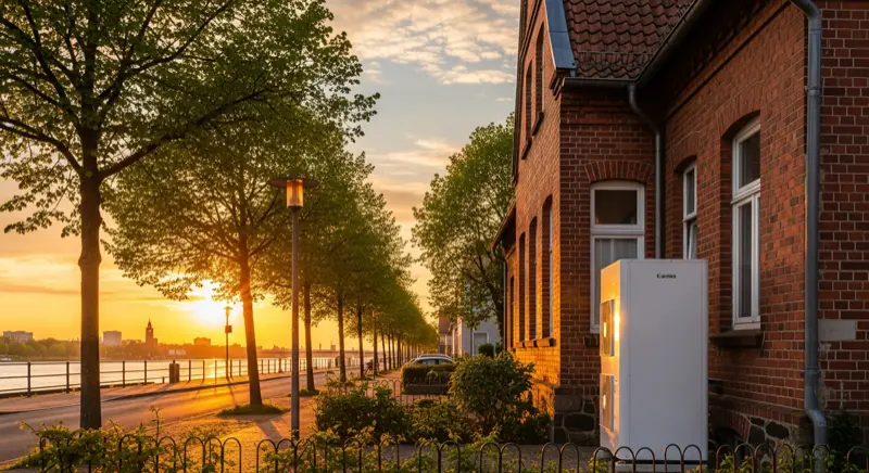 Wärmepumpe an einem Osnabrücker Altbau mit Hase-Panorama im Hintergrund, moderne Luft-Wasser-Wärmepumpe