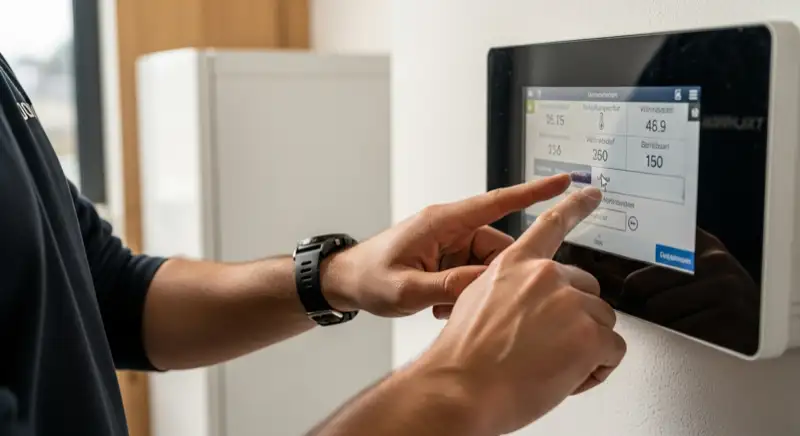 Energieberater mit Kostenaufstellung für Wärmepumpen in Osnabrück, Laptop und Dokumente auf dem Schreibtisch