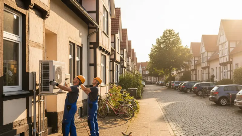 Fachbetrieb bei der Wärmepumpen-Installation an einem Osnabrücker Reihenhaus, Monteure bei der Arbeit