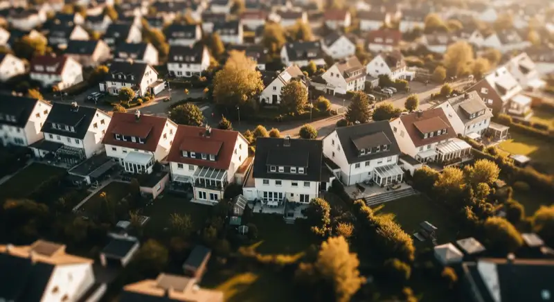 Aerial drone view of typical German residential neighborhood with mixed roof types, red and dark roof tiles, gardens visible, sunny day