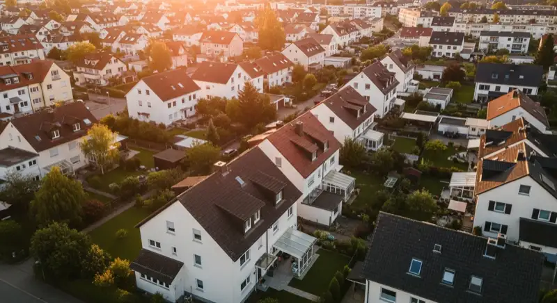 Aerial drone view of typical German residential neighborhood with mixed roof types, red and dark roof tiles, gardens visible, sunny day