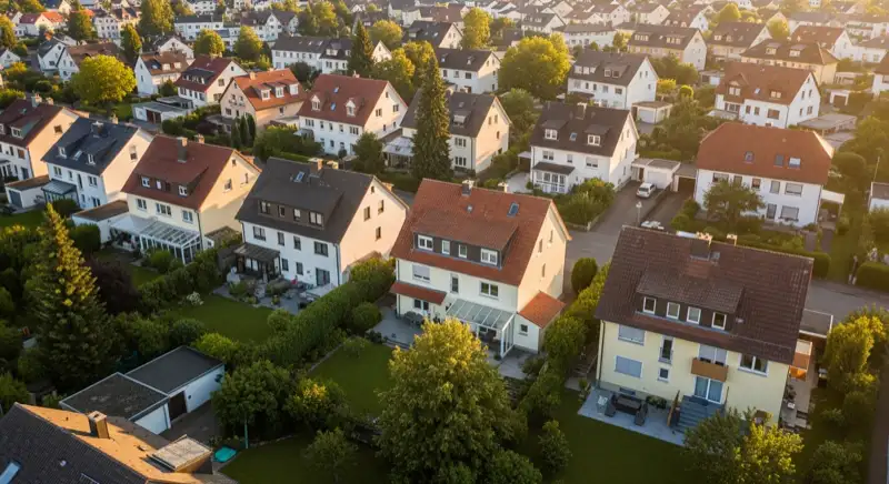 Aerial drone view of typical German residential neighborhood with mixed roof types, red and dark roof tiles, gardens visible, sunny day