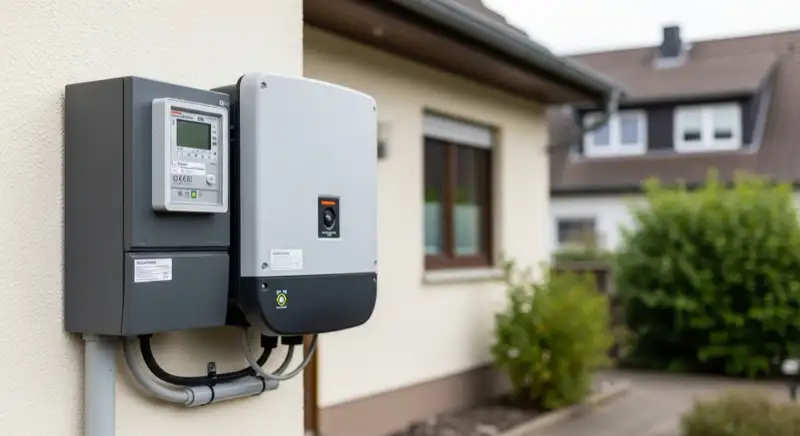 Modern German electrical meter cabinet (Zählerschrank) with smart meter and solar inverter connection, clean technical installation