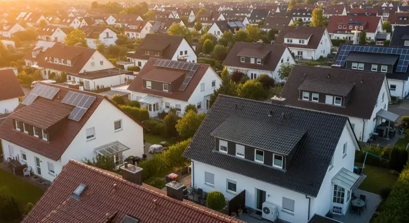 Aerial drone view of typical German residential neighborhood with mixed roof types, red and dark roof tiles, gardens visible, sunny day