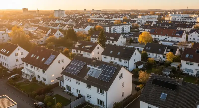 Aerial drone view of typical German residential neighborhood with mixed roof types, red and dark roof tiles, gardens visible, sunny day