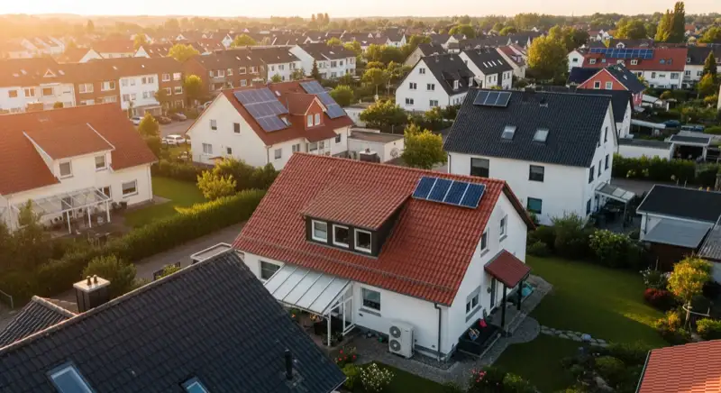 Aerial drone view of typical German residential neighborhood with mixed roof types, red and dark roof tiles, gardens visible, sunny day