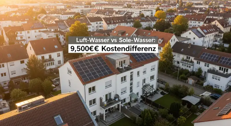 Aerial drone view of typical German residential neighborhood with mixed roof types, red and dark roof tiles, gardens visible, sunny day