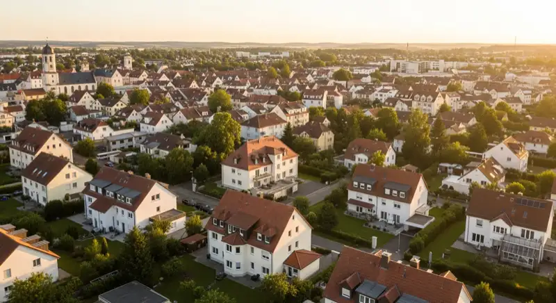 Wohngebiete in Regensburg mit verschiedenen Bauformen, typische Einfamilienhäuser und Dachstrukturen aus der Luft