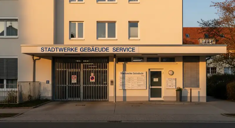 Blick auf das Stadtwerke-Gebäude in Regensburg mit Service-Eingang, lokale Versorgeratmosphäre