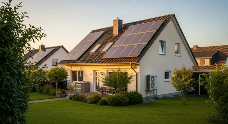 German detached house (Einfamilienhaus) with photovoltaic panels on pitched roof, well-maintained garden, warm afternoon sunlight