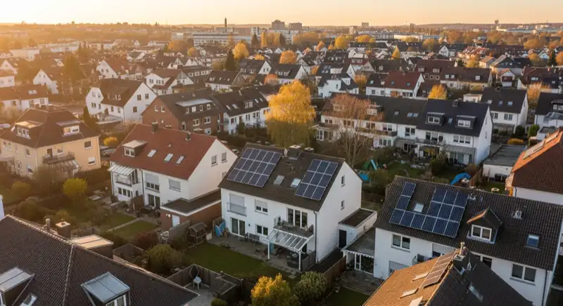 Aerial drone view of typical German residential neighborhood with mixed roof types, red and dark roof tiles, gardens visible, sunny day