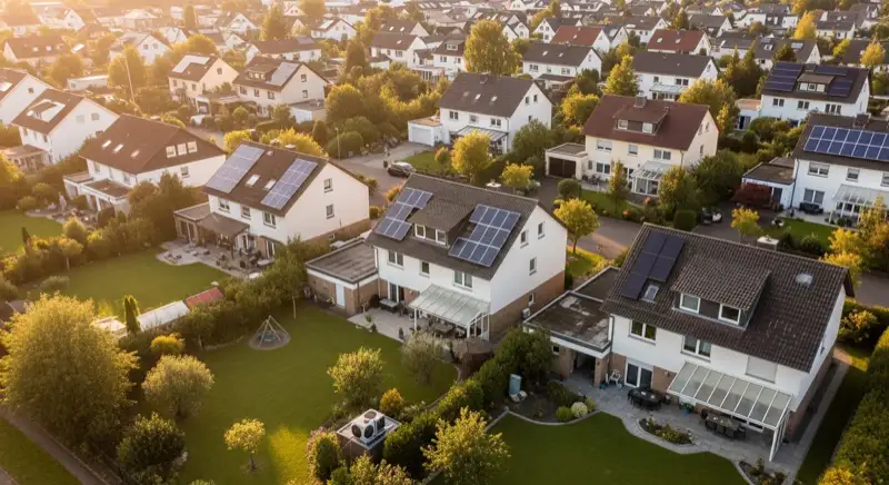 Aerial drone view of typical German residential neighborhood with mixed roof types, red and dark roof tiles, gardens visible, sunny day