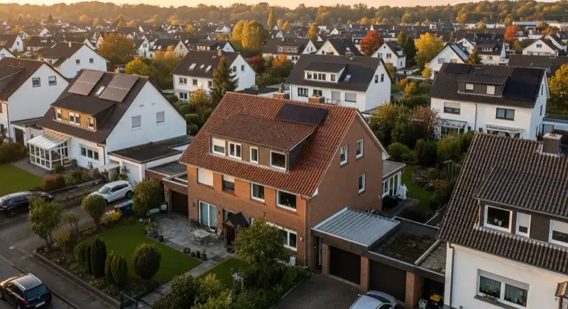 Aerial drone view of typical German residential neighborhood with mixed roof types, red and dark roof tiles, gardens visible, sunny day