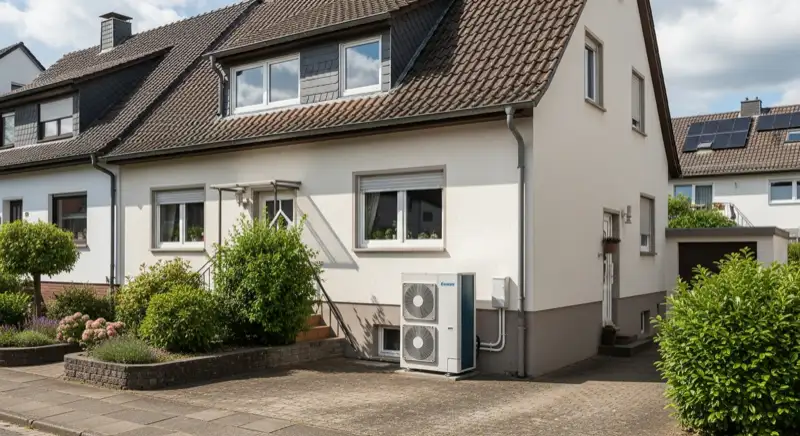 Wärmepumpen-Außengerät wird vor Einfamilienhaus in Remscheid installiert