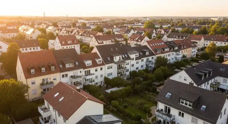 Aerial drone view of typical German residential neighborhood with mixed roof types, red and dark roof tiles, gardens visible, sunny day