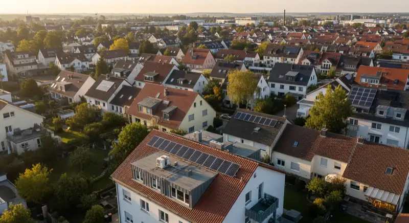 Aerial drone view of typical German residential neighborhood with mixed roof types, red and dark roof tiles, gardens visible, sunny day