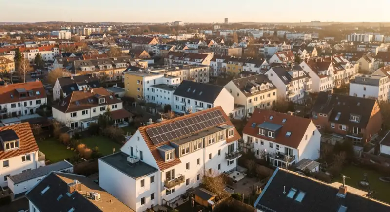 Aerial drone view of typical German residential neighborhood with mixed roof types, red and dark roof tiles, gardens visible, sunny day