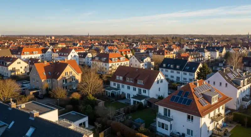 Aerial drone view of typical German residential neighborhood with mixed roof types, red and dark roof tiles, gardens visible, sunny day