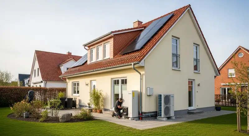 Monteur installiert Wärmepumpen-Außeneinheit vor Rostocker Einfamilienhaus