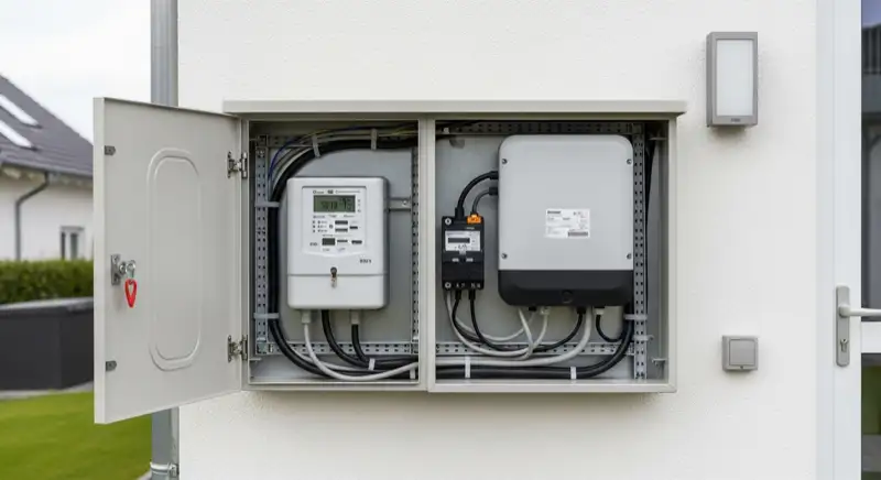 Modern German electrical meter cabinet (Zählerschrank) with smart meter and solar inverter connection, clean technical installation