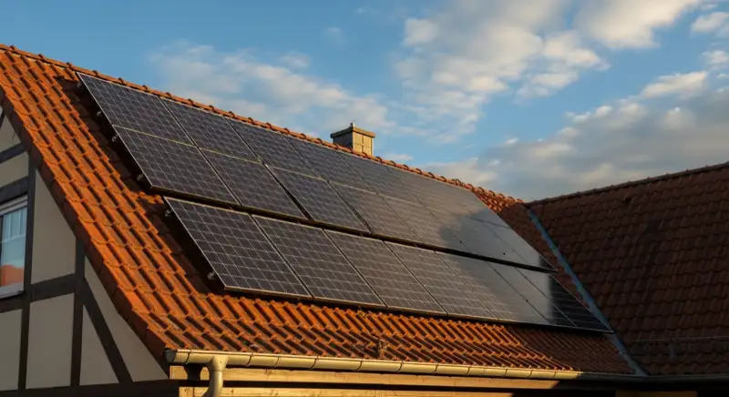 Close-up of photovoltaic solar panels installed on a traditional German Satteldach (gabled roof), blue sky with some clouds