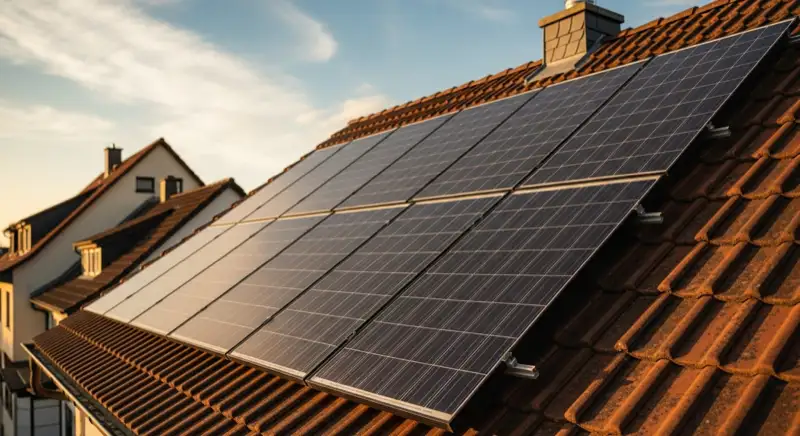 Close-up of photovoltaic solar panels installed on a traditional German Satteldach (gabled roof), blue sky with some clouds