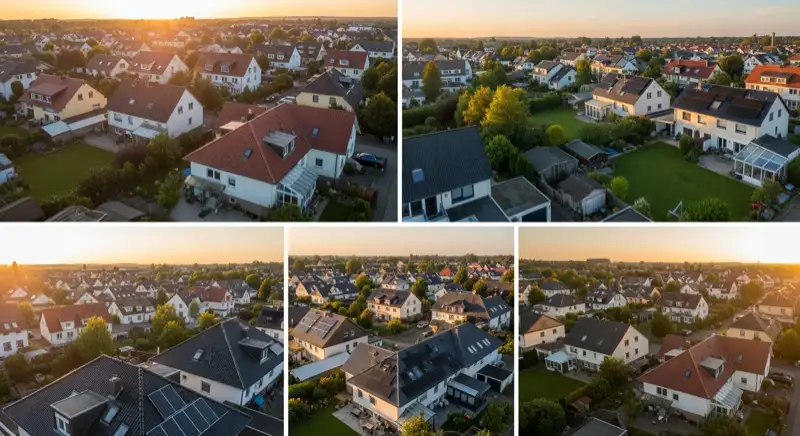 Aerial drone view of typical German residential neighborhood with mixed roof types, red and dark roof tiles, gardens visible, sunny day