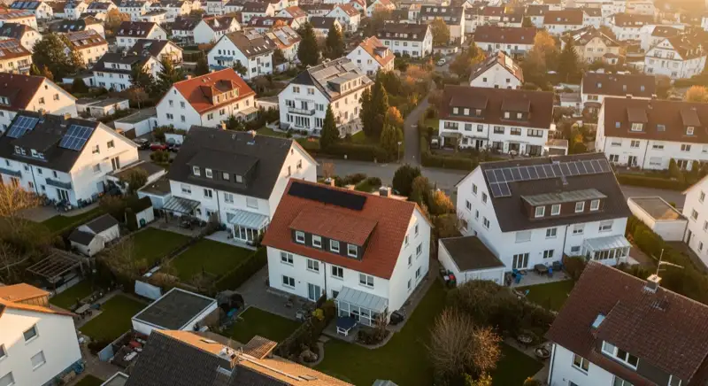 Aerial drone view of typical German residential neighborhood with mixed roof types, red and dark roof tiles, gardens visible, sunny day