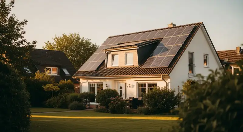 German detached house (Einfamilienhaus) with photovoltaic panels on pitched roof, well-maintained garden, warm afternoon sunlight
