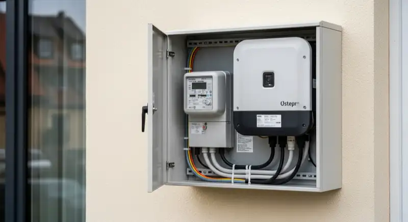 Modern German electrical meter cabinet (Zählerschrank) with smart meter and solar inverter connection, clean technical installation