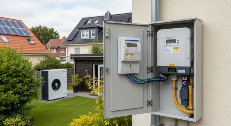 Modern German electrical meter cabinet (Zählerschrank) with smart meter and solar inverter connection, clean technical installation