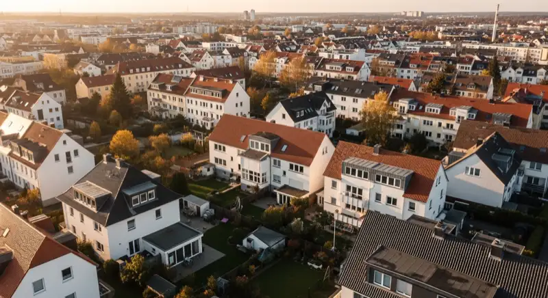 Aerial drone view of typical German residential neighborhood with mixed roof types, red and dark roof tiles, gardens visible, sunny day