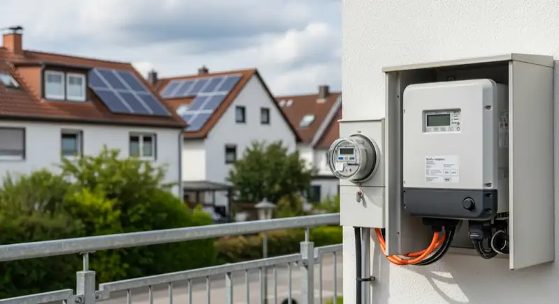 Modern German electrical meter cabinet (Zählerschrank) with smart meter and solar inverter connection, clean technical installation