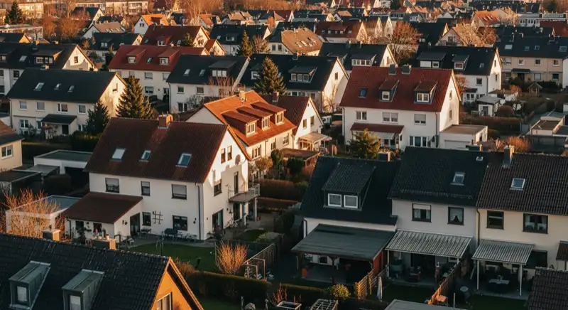 Aerial drone view of typical German residential neighborhood with mixed roof types, red and dark roof tiles, gardens visible, sunny day