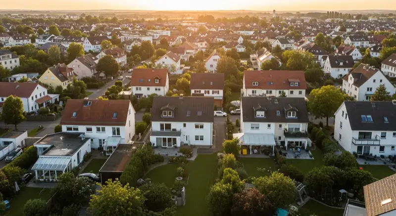 Aerial drone view of typical German residential neighborhood with mixed roof types, red and dark roof tiles, gardens visible, sunny day