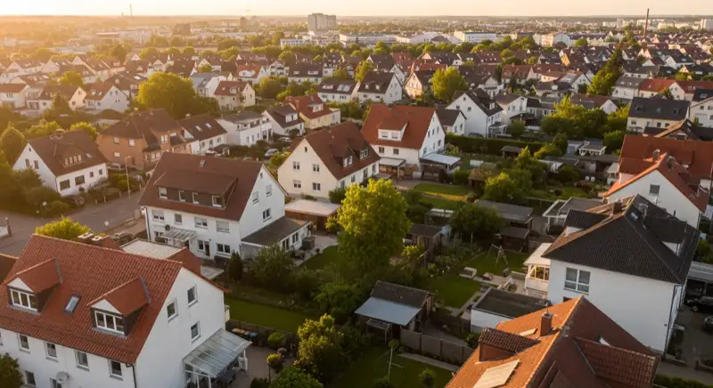 Aerial drone view of typical German residential neighborhood with mixed roof types, red and dark roof tiles, gardens visible, sunny day