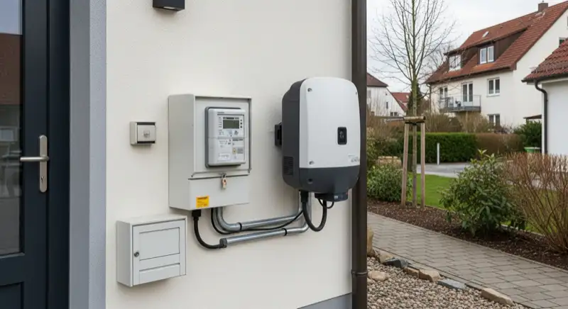 Modern German electrical meter cabinet (Zählerschrank) with smart meter and solar inverter connection, clean technical installation