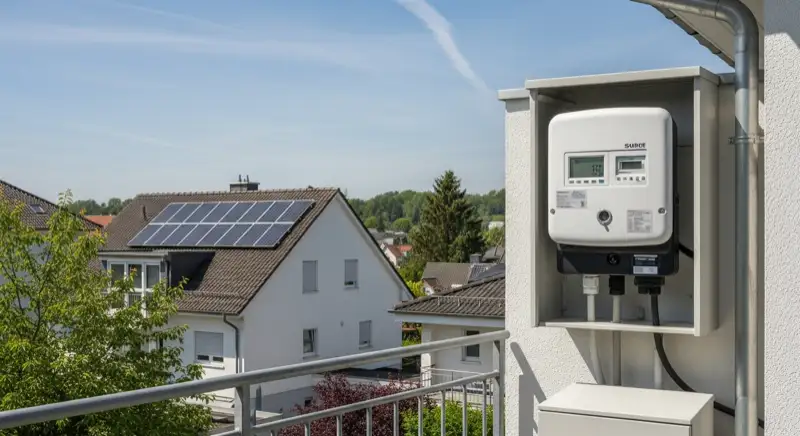 Modern German electrical meter cabinet (Zählerschrank) with smart meter and solar inverter connection, clean technical installation