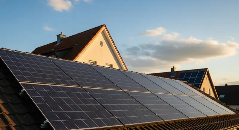 Close-up of photovoltaic solar panels installed on a traditional German Satteldach (gabled roof), blue sky with some clouds