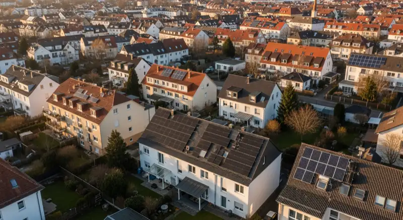 Aerial drone view of typical German residential neighborhood with mixed roof types, red and dark roof tiles, gardens visible, sunny day