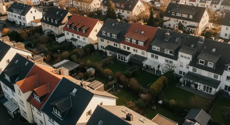 Aerial drone view of typical German residential neighborhood with mixed roof types, red and dark roof tiles, gardens visible, sunny day