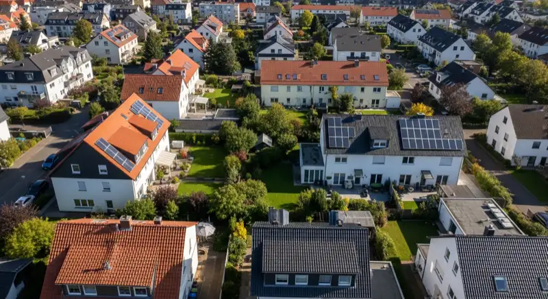 Aerial drone view of typical German residential neighborhood with mixed roof types, red and dark roof tiles, gardens visible, sunny day