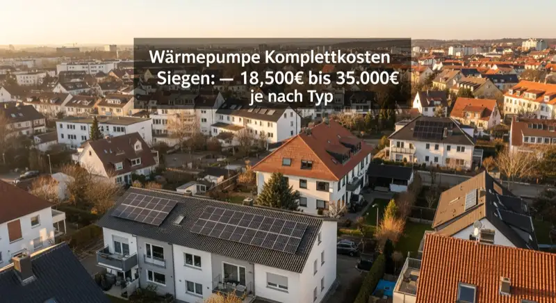 Aerial drone view of typical German residential neighborhood with mixed roof types, red and dark roof tiles, gardens visible, sunny day