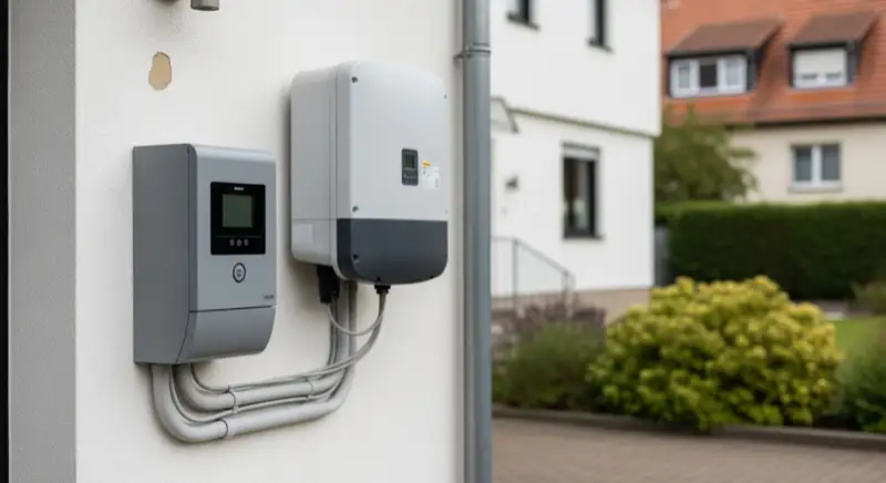 Modern German electrical meter cabinet (Zählerschrank) with smart meter and solar inverter connection, clean technical installation