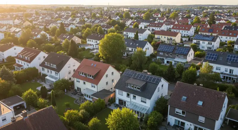 Aerial drone view of typical German residential neighborhood with mixed roof types, red and dark roof tiles, gardens visible, sunny day