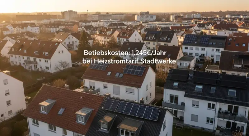 Aerial drone view of typical German residential neighborhood with mixed roof types, red and dark roof tiles, gardens visible, sunny day