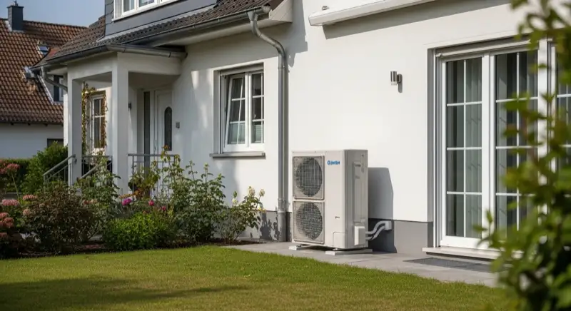 Installateur führt Wartungsarbeiten an Wärmepumpen-Außeneinheit vor Einfamilienhaus in Speyer durch