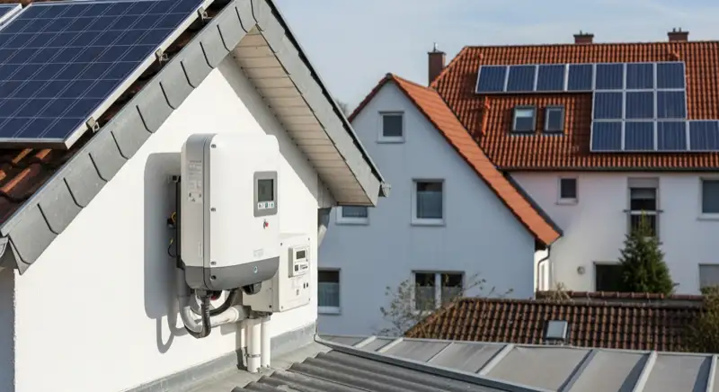 Modern German electrical meter cabinet (Zählerschrank) with smart meter and solar inverter connection, clean technical installation