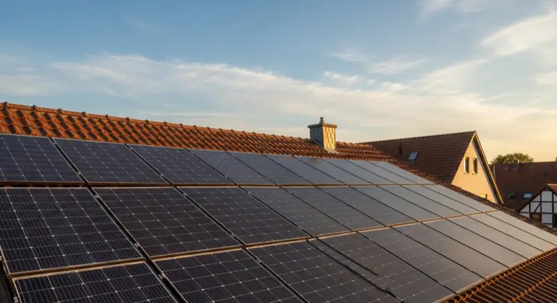 Close-up of photovoltaic solar panels installed on a traditional German Satteldach (gabled roof), blue sky with some clouds